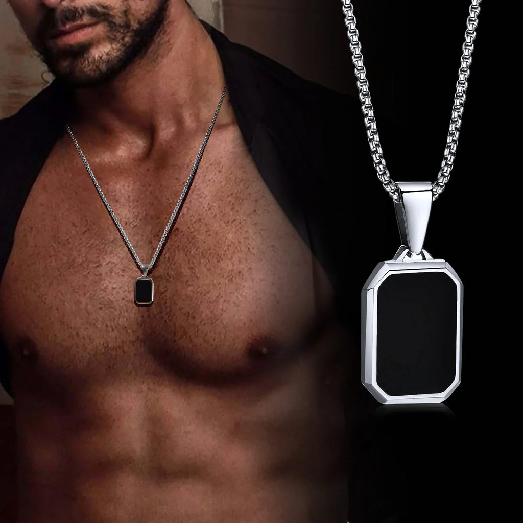 AureumEdge™ Black Stone Tag Necklace – Stainless Steel Pendant with Box Chain
