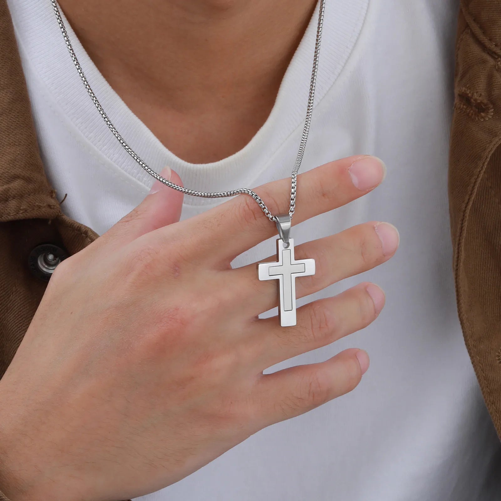 Sanctis Cross Necklace – Silver Stainless Steel Pendant for Men