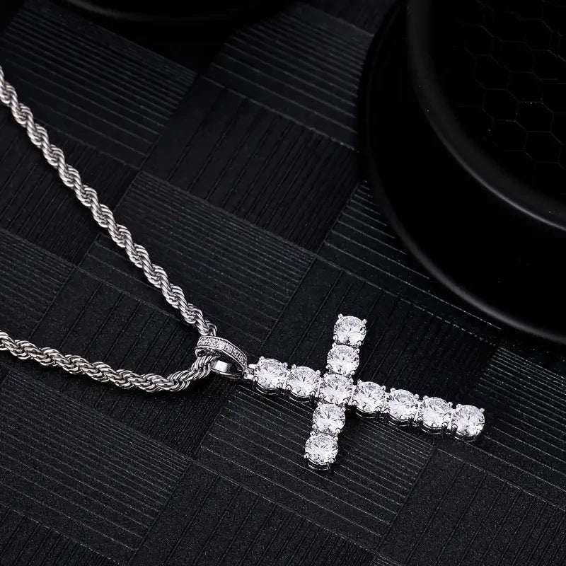 Huitan Cubic Zirconia Cross Pendant Necklace – 60cm Twisted Chain, Unisex