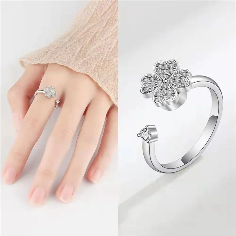 Rotating Flower Ring – Adjustable Silver-Tone (Set of 2)