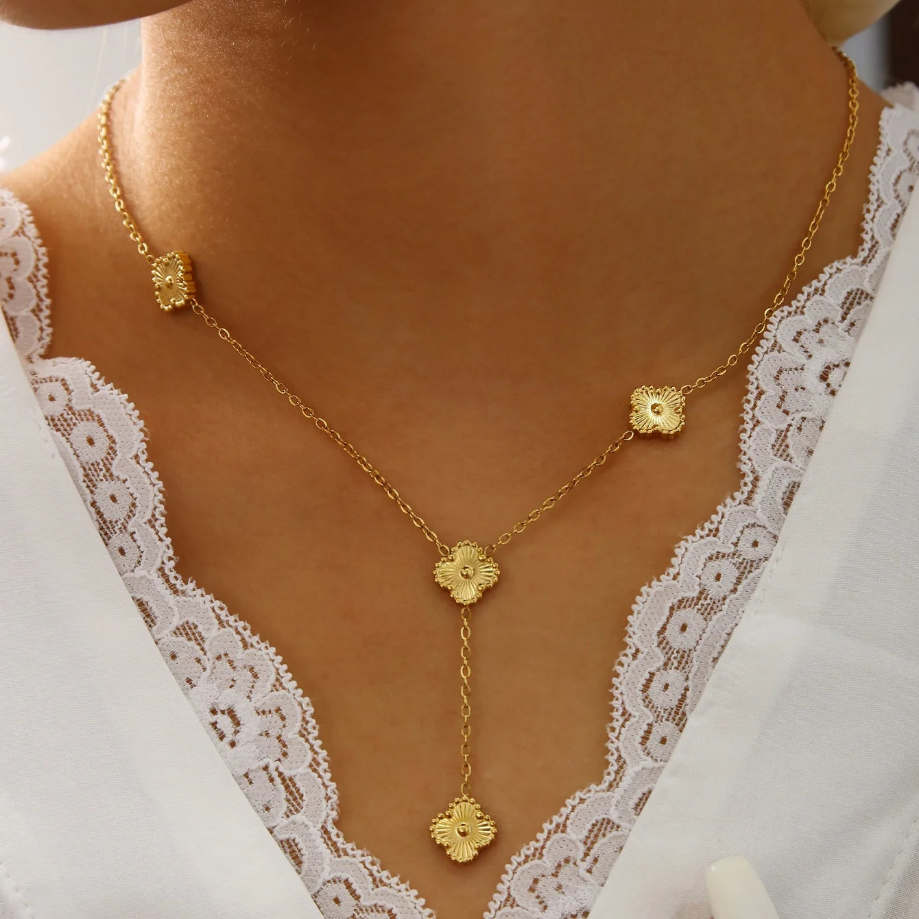 18K Gold-Plated Five-Leaf Clover Y-Necklace for Women