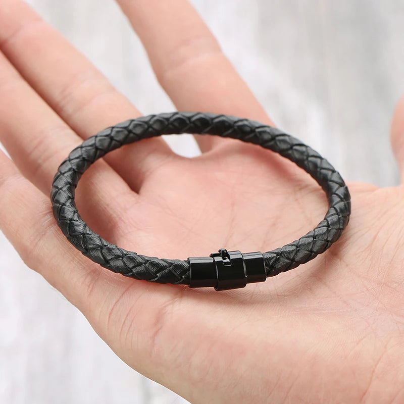 Mirbow Nero Cuff – 6mm Braided Leather Bracelet with Magnetic Clasp