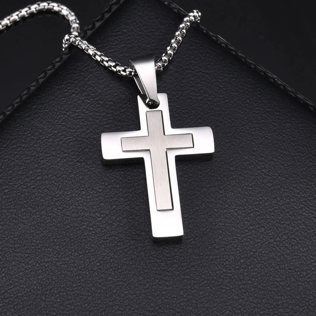 Sanctis Cross Necklace – Silver Stainless Steel Pendant for Men