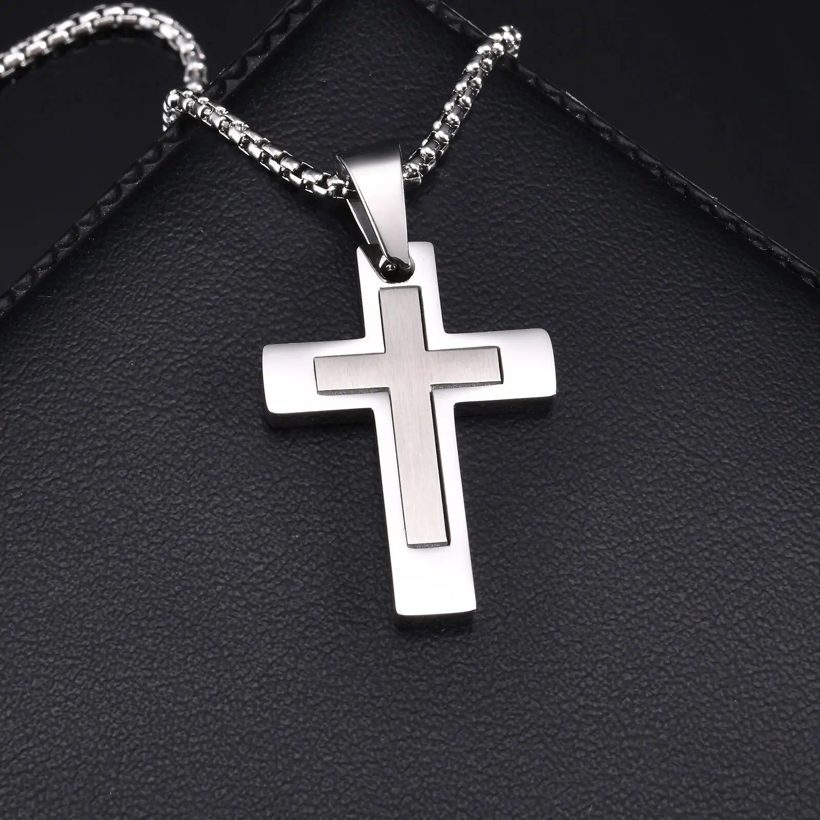 Sanctis Cross Necklace – Silver Stainless Steel Pendant for Men