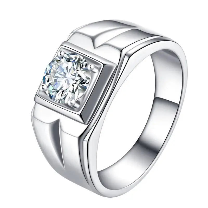 Classic Sterling Silver Men's Engagement Ring with Diamond Accent