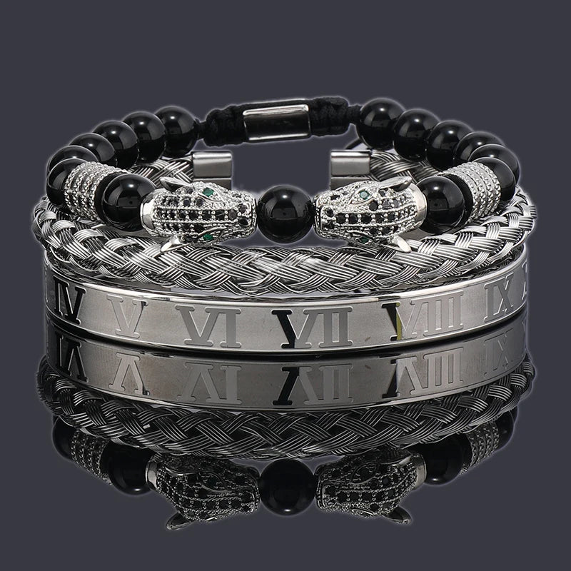 Imperium Bracelet Set – Black Beads, Leopard Head & Roman Numeral Bangles