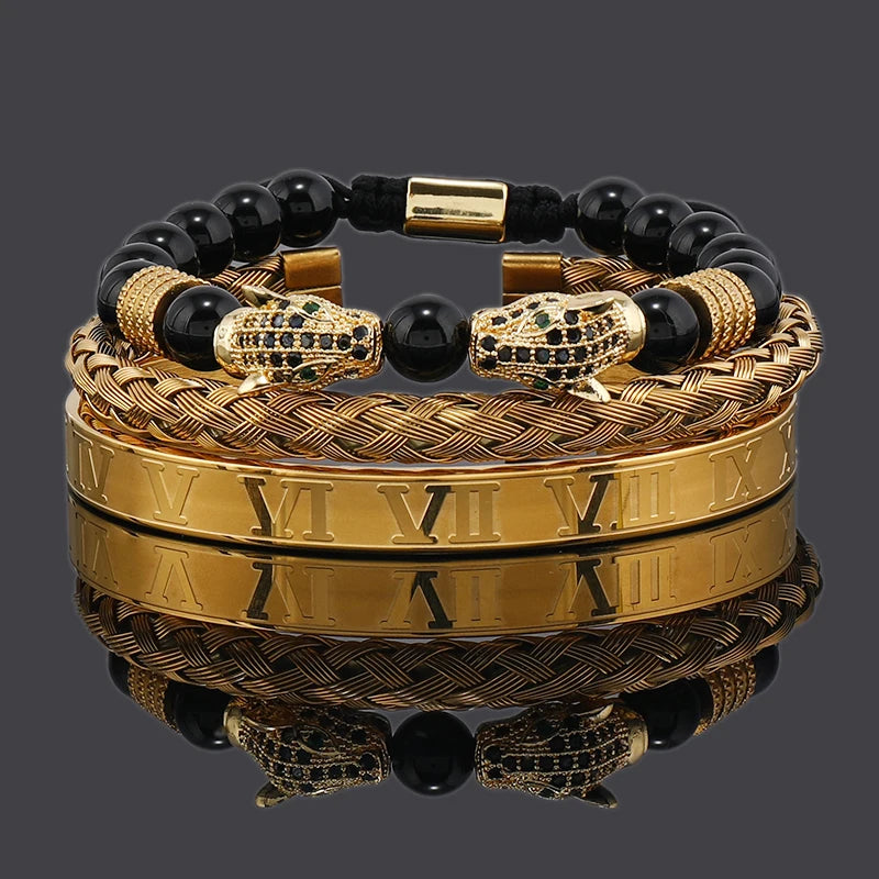 Imperium Bracelet Set – Black Beads, Leopard Head & Roman Numeral Bangles