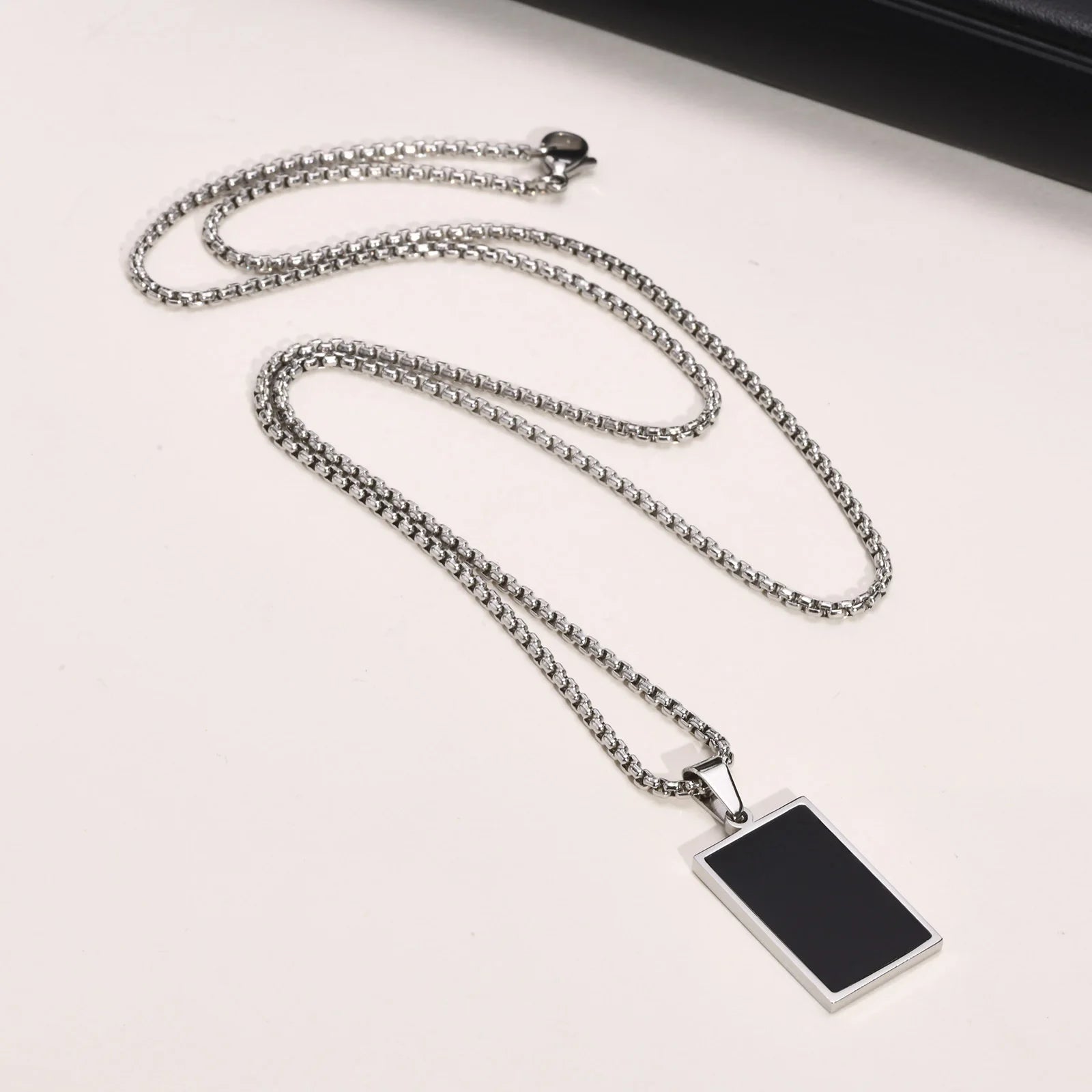 AureumEdge™ Sleek Black Tag Necklace – Rectangular