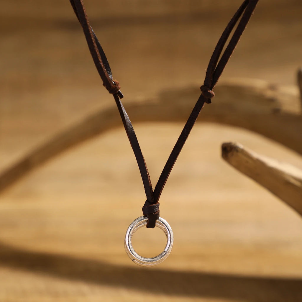 Men's Adjustable Rope Necklace with Vintage Circle Ring