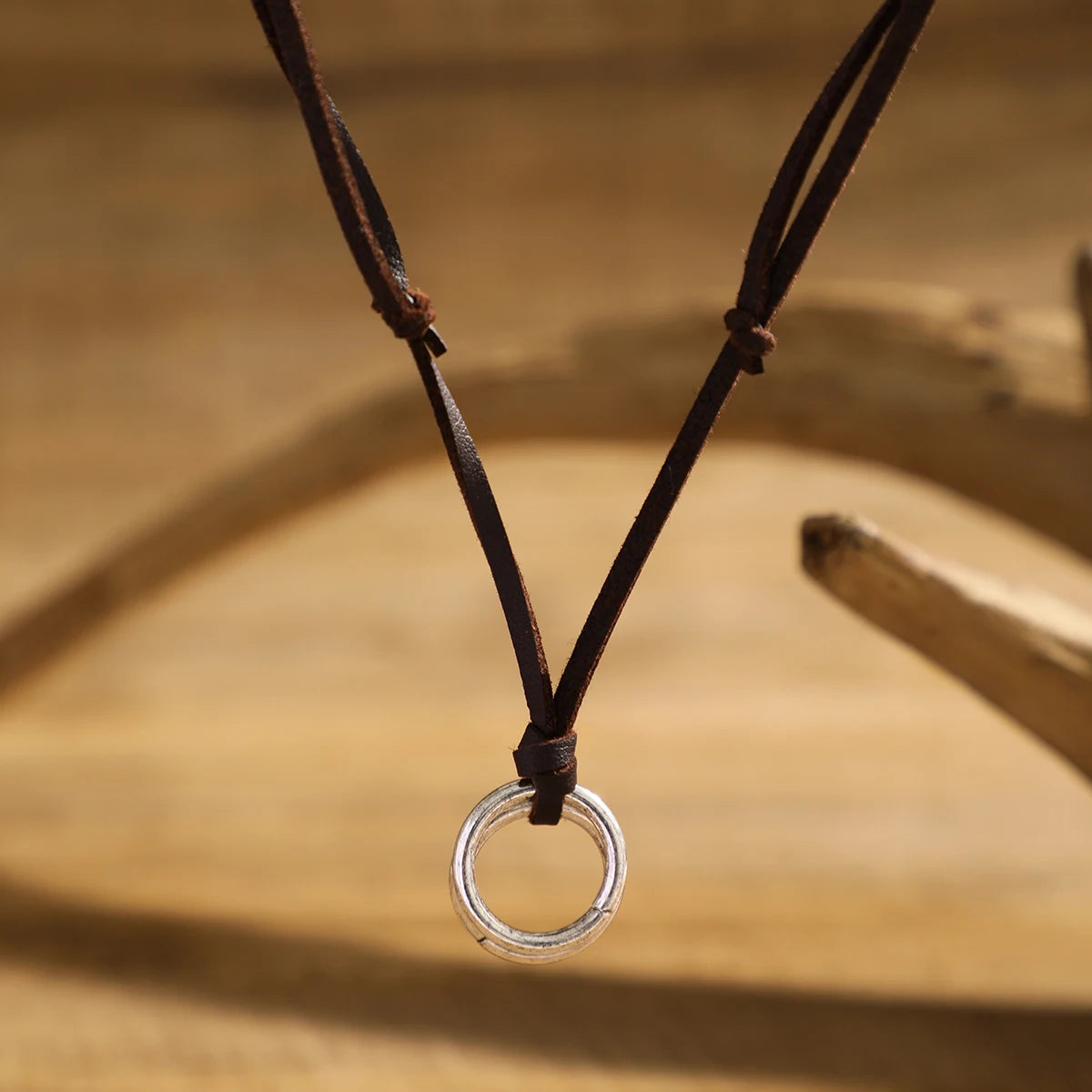 Men's Adjustable Rope Necklace with Vintage Circle Ring