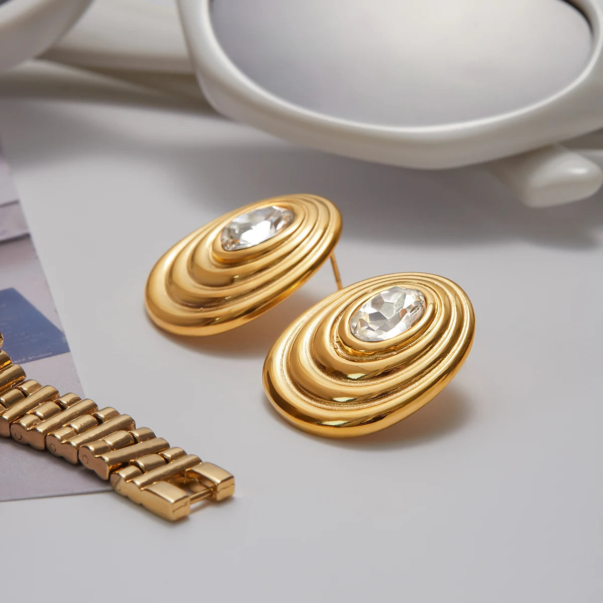 Gold-Tone Stainless Steel Round Stud Earrings