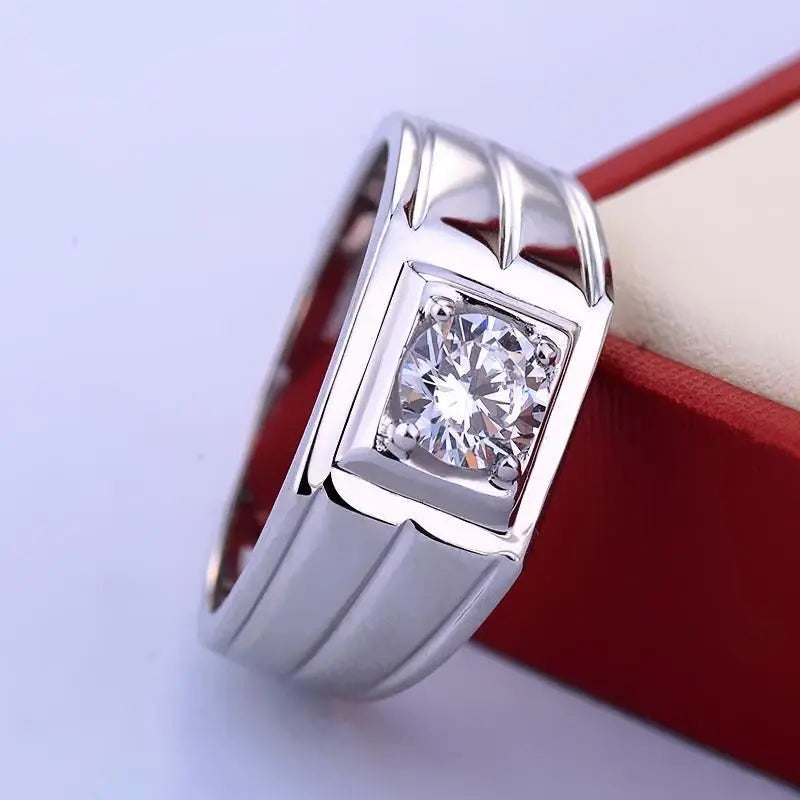 Classic Sterling Silver Men's Engagement Ring with Diamond Accent