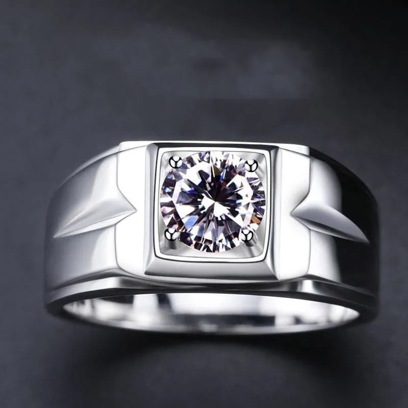Classic Sterling Silver Men's Engagement Ring with Diamond Accent