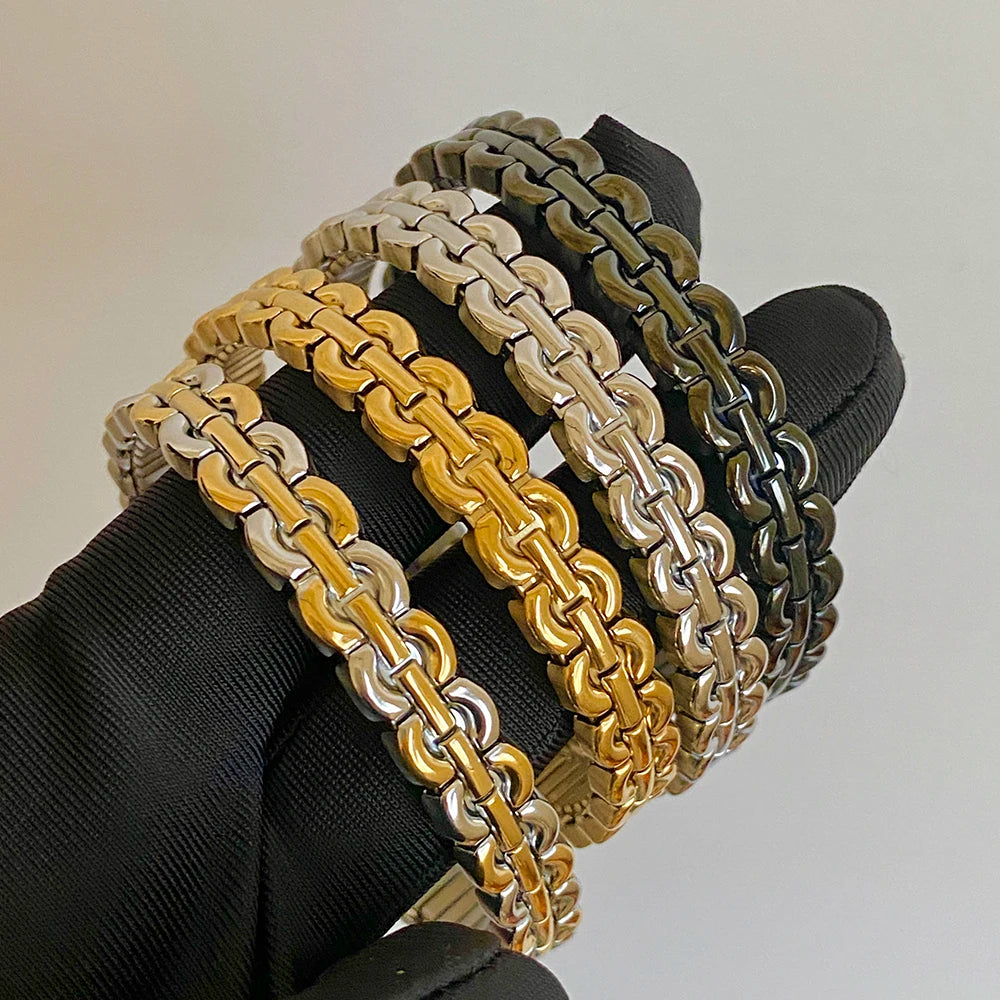 Stainless Steel Semi-Circular Link Bracelet – Two-Tone & Mono-Tone Bangle for Women