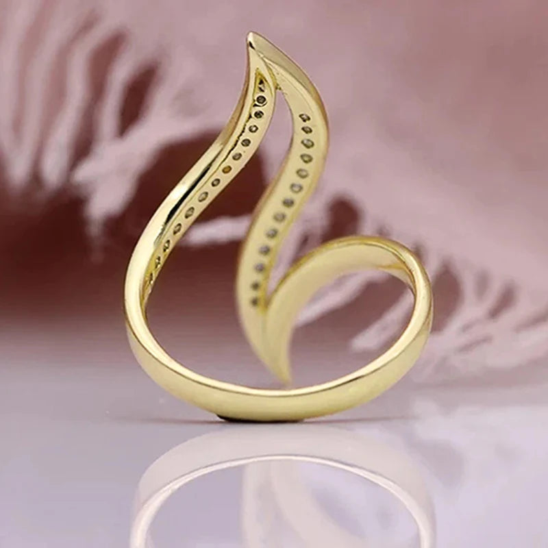 Huitan Minimalist Gold-Tone CZ Ring – Elegant Geometric Design for Women