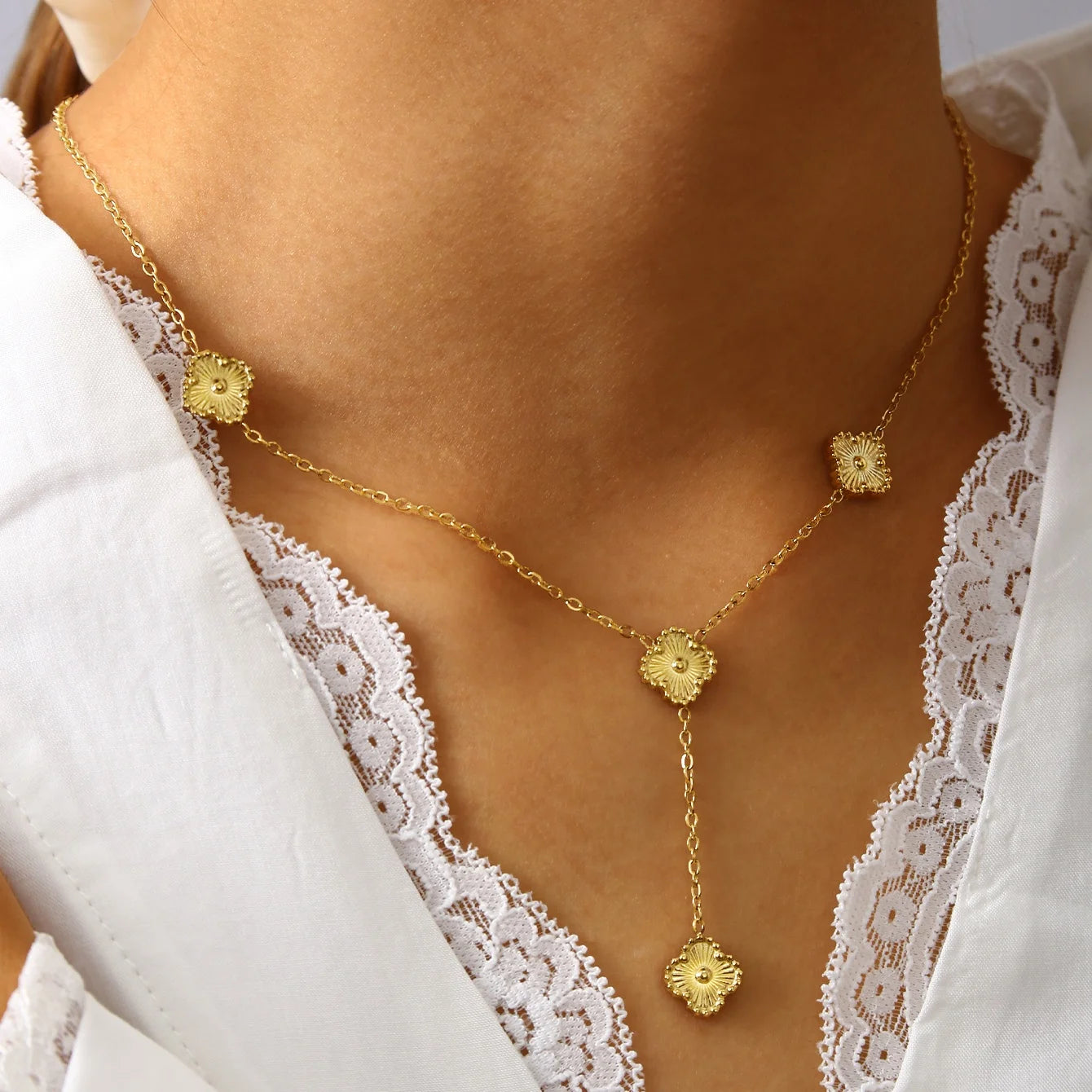 18K Gold-Plated Five-Leaf Clover Y-Necklace for Women