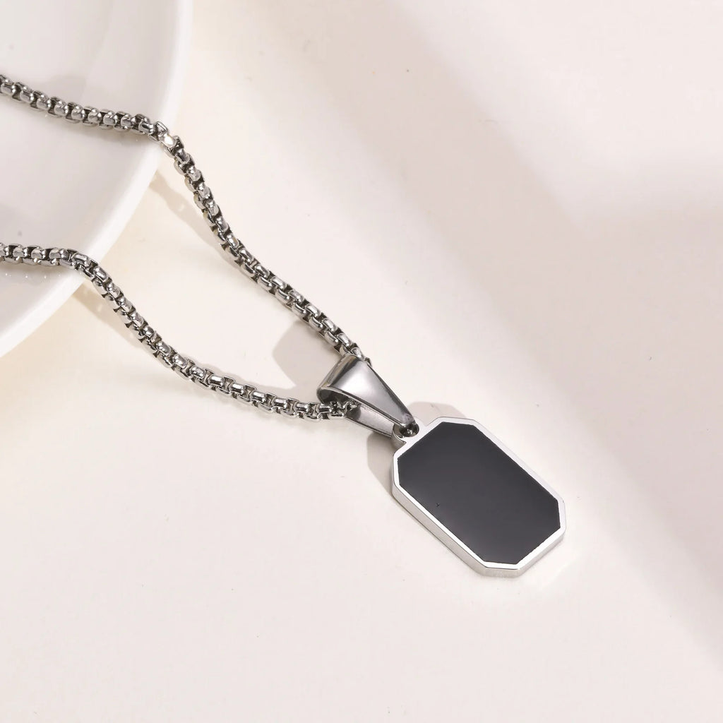AureumEdge™ Black Stone Tag Necklace – Stainless Steel Pendant with Box Chain