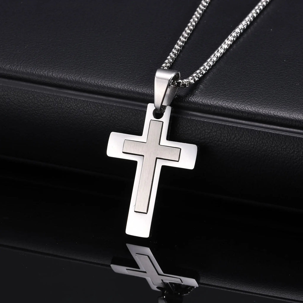 Sanctis Cross Necklace – Silver Stainless Steel Pendant for Men