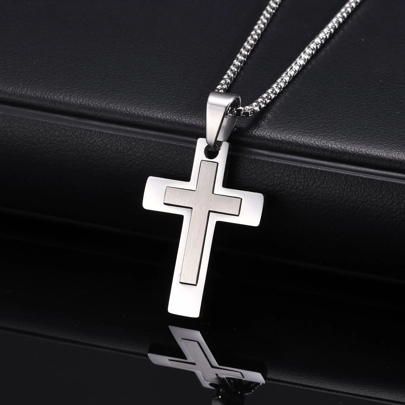 Sanctis Cross Necklace – Silver Stainless Steel Pendant for Men