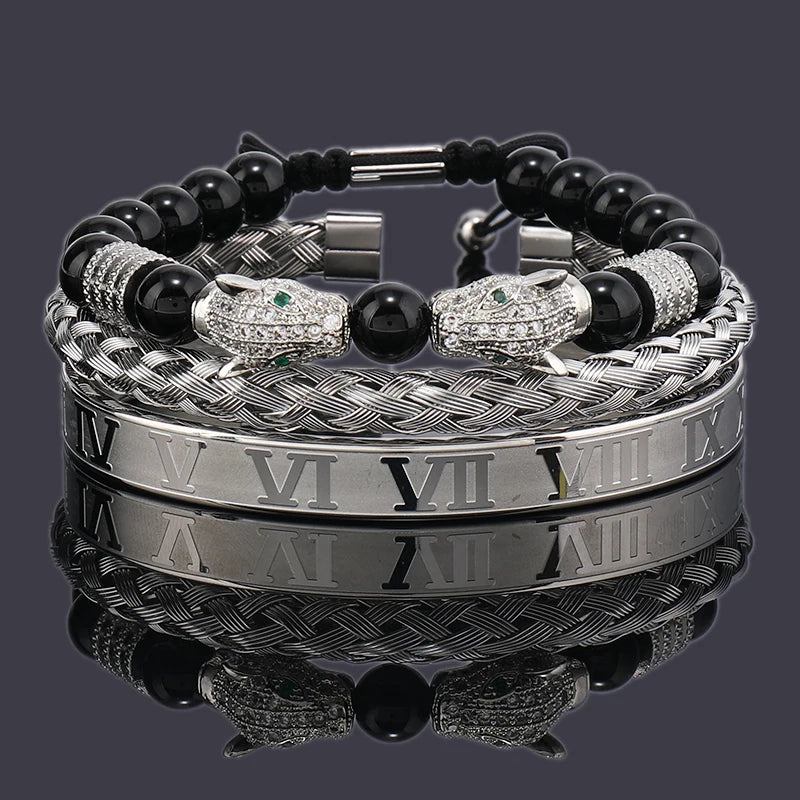 Imperium Bracelet Set – Black Beads, Leopard Head & Roman Numeral Bangles