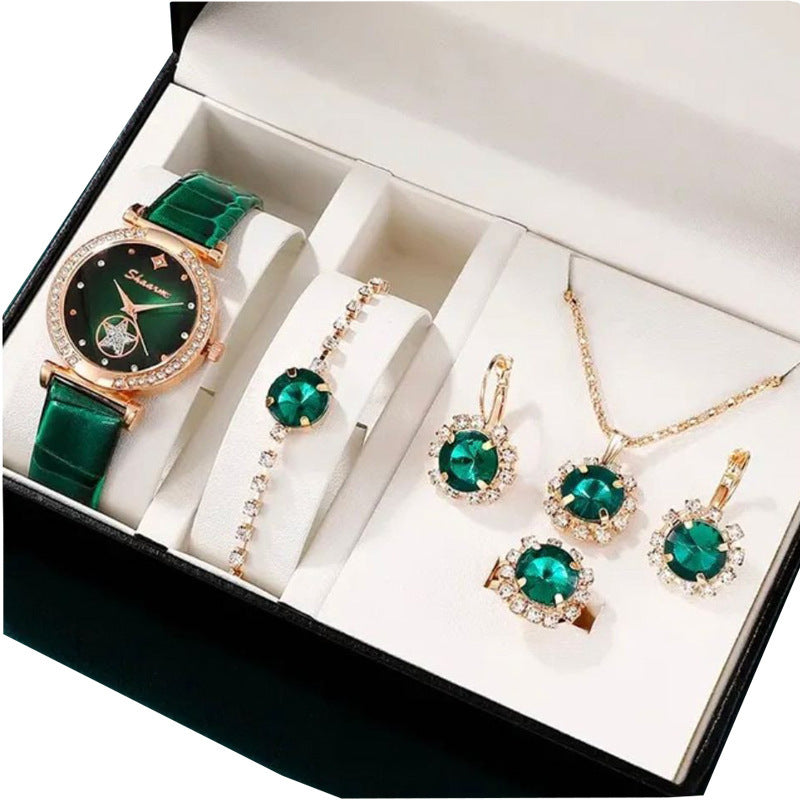 Fashion Gift Set - Quartz Watch Necklace Bracelet Ring Stud Earrings