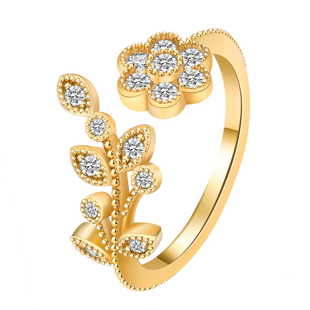🌸 Elegant Full Diamond Flower Leaves Open Ring – Adjustable Fit 🌿