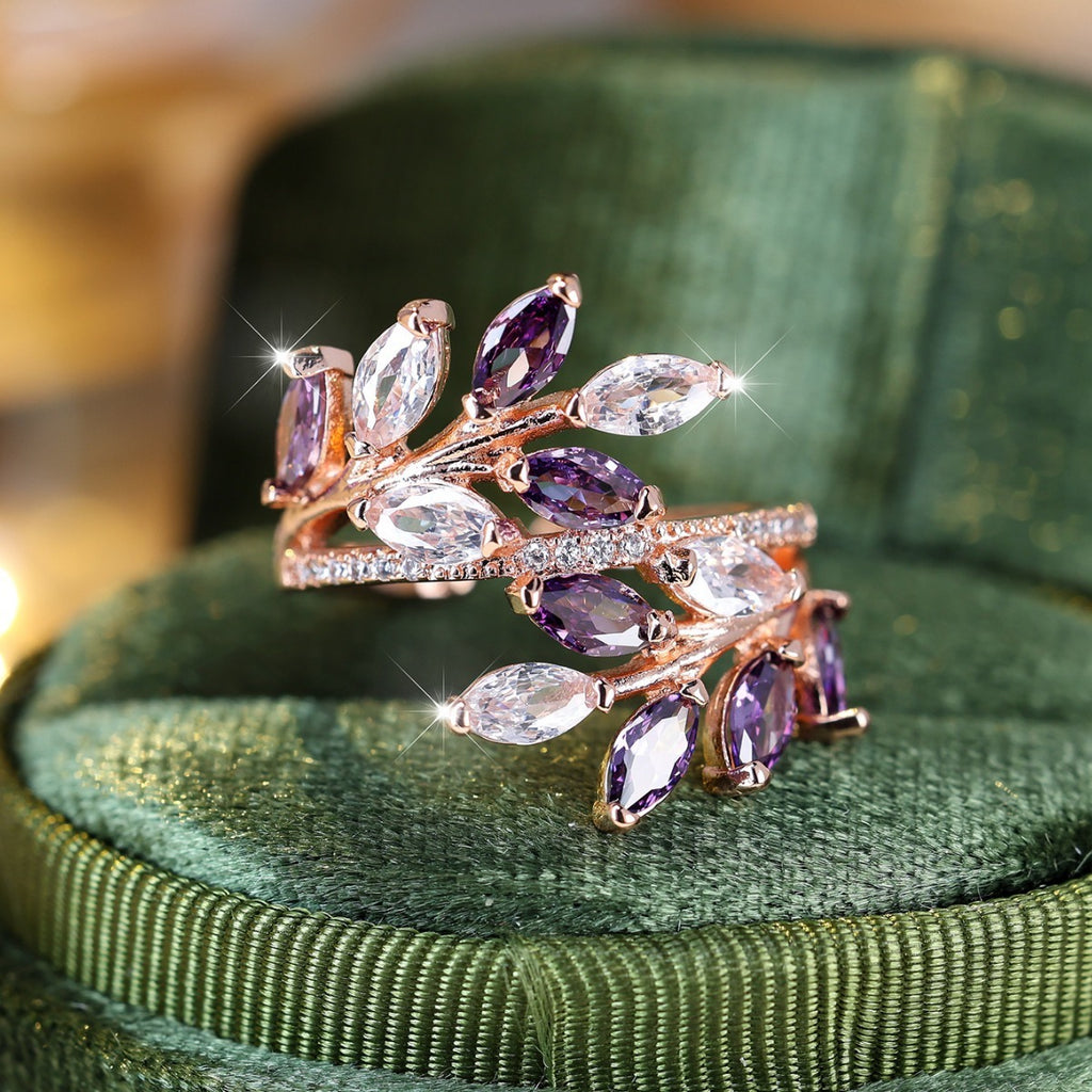 Elegant Horse Eye Zircon Leaf Ring – Adjustable Fit