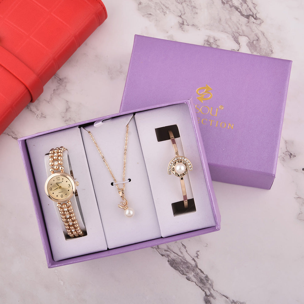 Luxury Watch, Bracelet & Necklace Gift Set – Quartz Movement, Waterproof, PU Strap, Elegant Jewellery Box