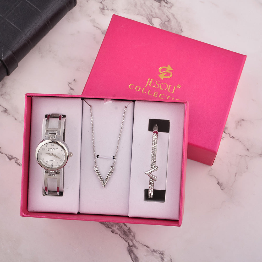 Luxury Watch, Bracelet & Necklace Gift Set – Quartz Movement, Waterproof, PU Strap, Elegant Jewellery Box