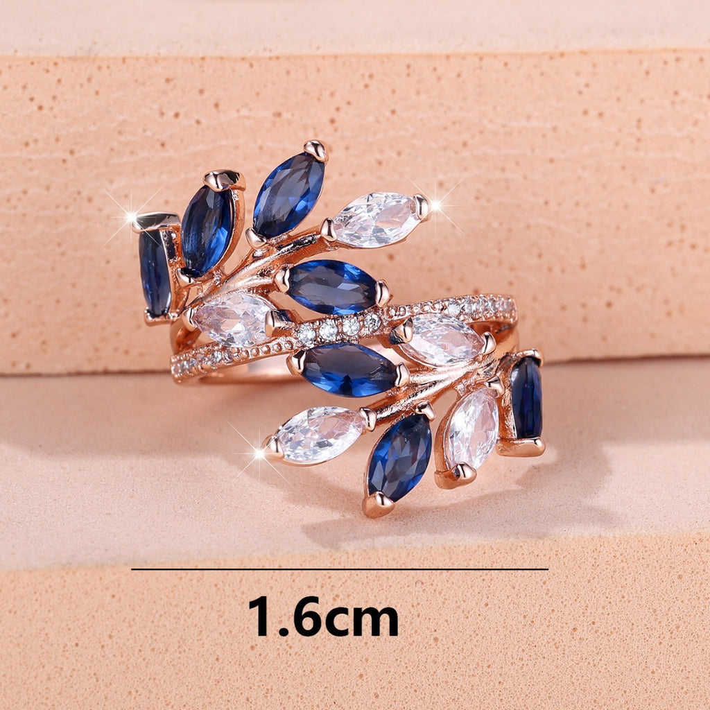 Elegant Horse Eye Zircon Leaf Ring – Adjustable Fit