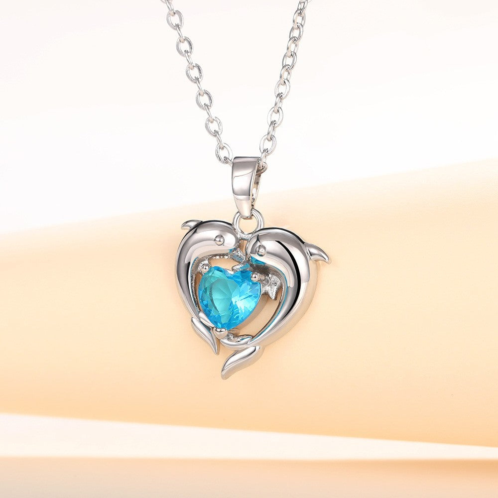 Elegant Dolphin Heart Pendant Necklace – White Gold with Zircon Stone