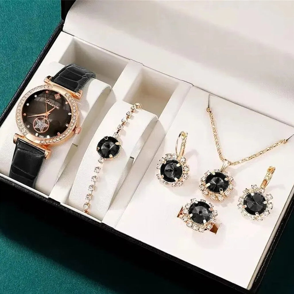 Fashion Gift Set - Quartz Watch Necklace Bracelet Ring Stud Earrings