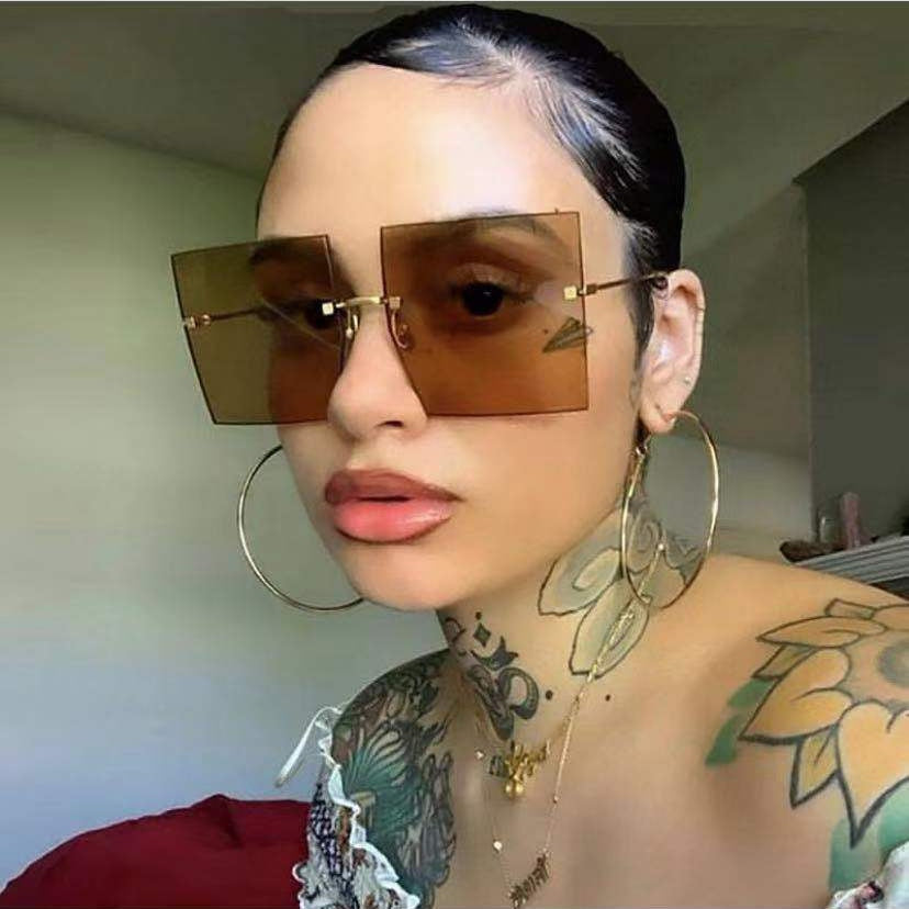 Oversized Rimless Square Sunglasses Women Trendy Fashion Ladies Retro Sun Glasses Sexy Red Brown Tinted Color Lens UV400-0