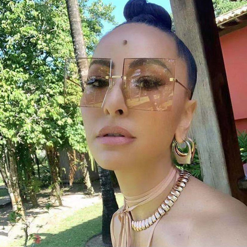 Oversized Rimless Square Sunglasses Women Trendy Fashion Ladies Retro Sun Glasses Sexy Red Brown Tinted Color Lens UV400-1