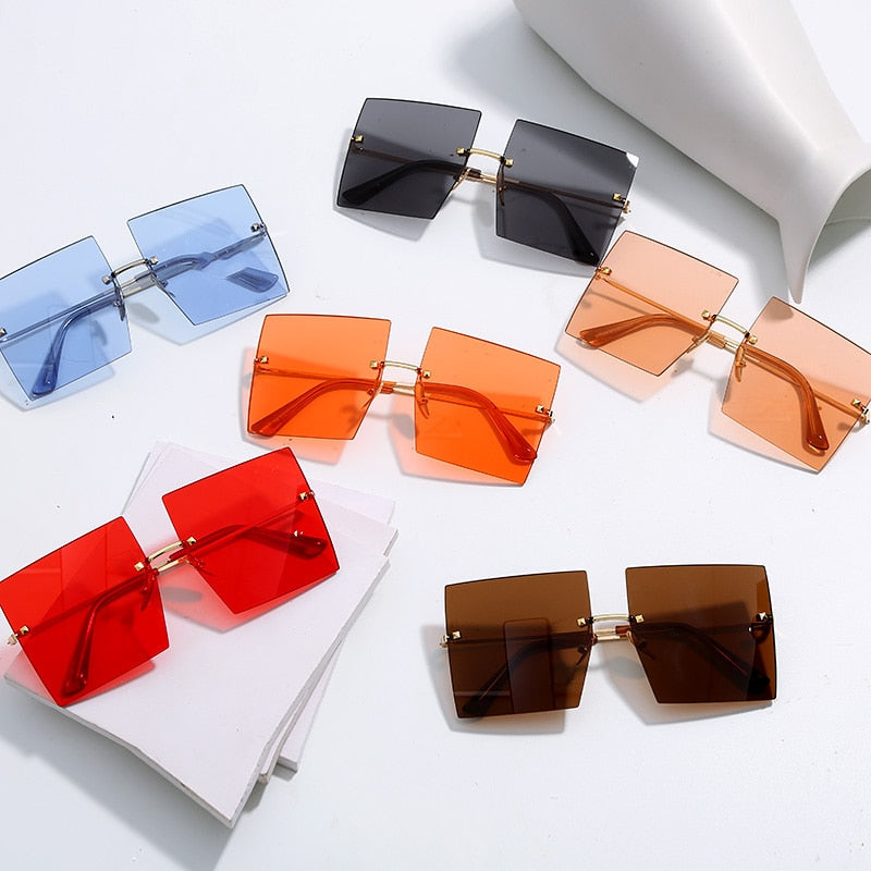 Oversized Rimless Square Sunglasses Women Trendy Fashion Ladies Retro Sun Glasses Sexy Red Brown Tinted Color Lens UV400-2